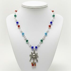 Silver Sun and Stars Charm Multicolor Beaded Necklace with Silver Pendant 18”